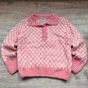 FRNCH Paris Sweater Medium Pink Checkered Knit Henley Soft Cozy